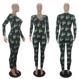 Casual Printed V Neck Long Sleeve Jumpsuits SHD-9431