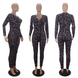 Casual Printed V Neck Long Sleeve Jumpsuits SHD-9431