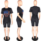 Letter Print T Shirt And Shorts Two Piece Sets WAF-7053