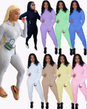 Plus Size Simple Ribbed Embroidery Letter Print Sporty Long Sleeve Fitness Jumpsuit LUO-3062-2