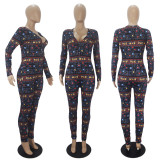 Casual Printed V Neck Long Sleeve Jumpsuits SHD-9431