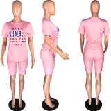 Letter Print T Shirt And Shorts Two Piece Sets WAF-7053