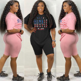 Letter Print T Shirt And Shorts Two Piece Sets WAF-7053