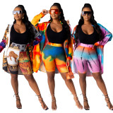 Casual Printed Long Blouse+Shorts Two Piece Sets SHD-9435