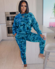Plus Size 4XL Fashion Camouflage Long Sleeve Top And Pants Casual Sports Set WAF-7070-1