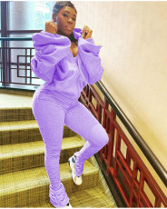 Fashion Sexy Backless Puff Sleeve Hooded Zippers Sweatshirts And Pleated Split Pants Set DAI-8288