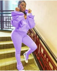 Fashion Sexy Backless Puff Sleeve Hooded Zippers Sweatshirts And Pleated Split Pants Set DAI-8288