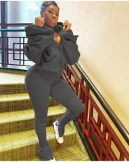 Fashion Sexy Backless Puff Sleeve Hooded Zippers Sweatshirts And Pleated Split Pants Set DAI-8288