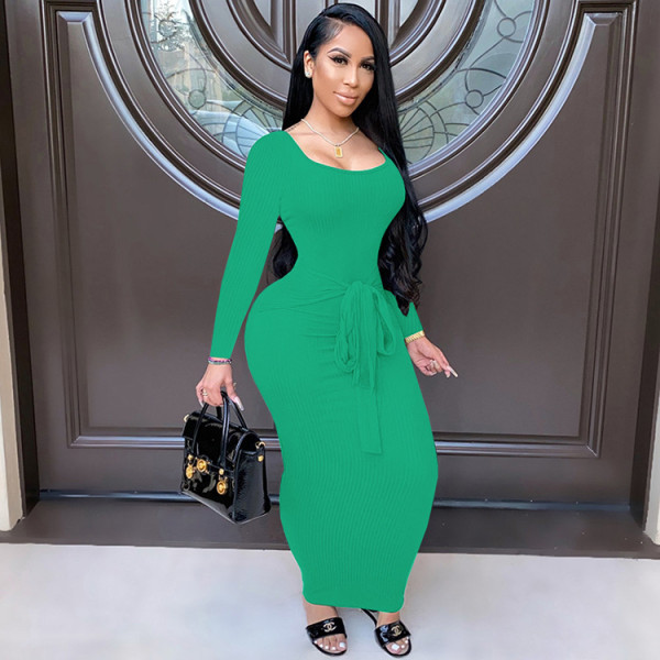 Sexy Ribbed Long Sleeve Bodycon Maxi Dress GLF-8033