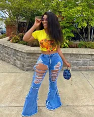 Plus Size 4XL Denim Ripped Hole Flared Jeans LSL-6376