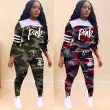 Pink Letter Print Camo Hooded Two Piece Sets TK-6062