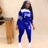 Pink Letter Print Hooded Two Piece Pants Set TK-6059