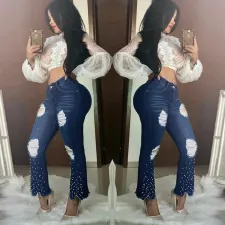 Denim Pearls Beading Ripped Hole Flared Jeans HSF-2228