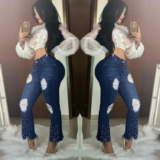 Denim Pearls Beading Ripped Hole Flared Jeans HSF-2228