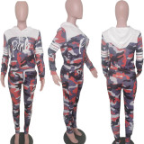 Pink Letter Print Camo Hooded Two Piece Sets TK-6062