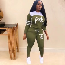 Pink Letter Print Hooded Two Piece Pants Set TK-6059