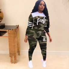 Pink Letter Print Camo Hooded Two Piece Sets TK-6062