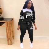 Pink Letter Print Hooded Two Piece Pants Set TK-6059