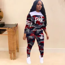 Pink Letter Print Camo Hooded Two Piece Sets TK-6062