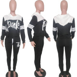 Pink Letter Print Hooded Two Piece Pants Set TK-6059