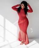 Solid Color Rib Sexy Long Sleeve Maxi Dress MIL-067-1