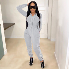 Casual Solid Hooded Zip Up Long Sleeve Jumpsuit MEI-9111