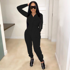 Casual Solid Hooded Zip Up Long Sleeve Jumpsuit MEI-9111