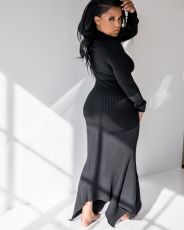 Solid Color Rib Sexy Long Sleeve Maxi Dress MIL-067-1