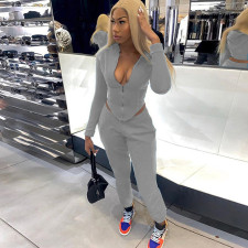 Solid Hooded Zipper Long Sleeve 2 Piece Suits NM-8318