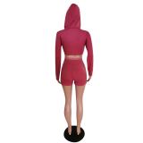 Sports Hooded Zipper Irregular Crop Top Shorts Set MEM-8300