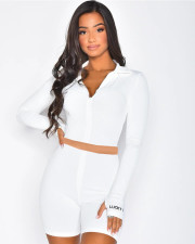 Letter Embroidery Long Sleeve Crop Top And Shorts Two Piece Set FNN-8530
