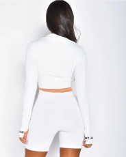 Letter Embroidery Long Sleeve Crop Top And Shorts Two Piece Set FNN-8530