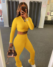 Sexy Solid Color Long Sleeve Top And Stacked Pants Sports Set FNN-8531