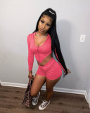 Sports Hooded Zipper Irregular Crop Top Shorts Set MEM-8300
