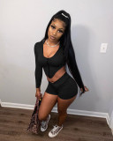Sports Hooded Zipper Irregular Crop Top Shorts Set MEM-8300