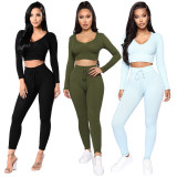 Solid Hooded Long Sleeve Tight Two Piece Sets ASL-6299