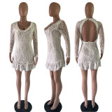 Sexy Backless Long Sleeve Lace Mini Dress OY-6223