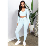 Solid Hooded Long Sleeve Tight Two Piece Sets ASL-6299