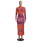 Sexy Mesh Dollar Print Long Sleeve Maxi Dresse YS-8702