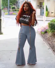 Plus Size Fashion High Waist Slim Solid Color Zipper Flared Pants MAE-2065