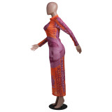 Sexy Mesh Dollar Print Long Sleeve Maxi Dresse YS-8702