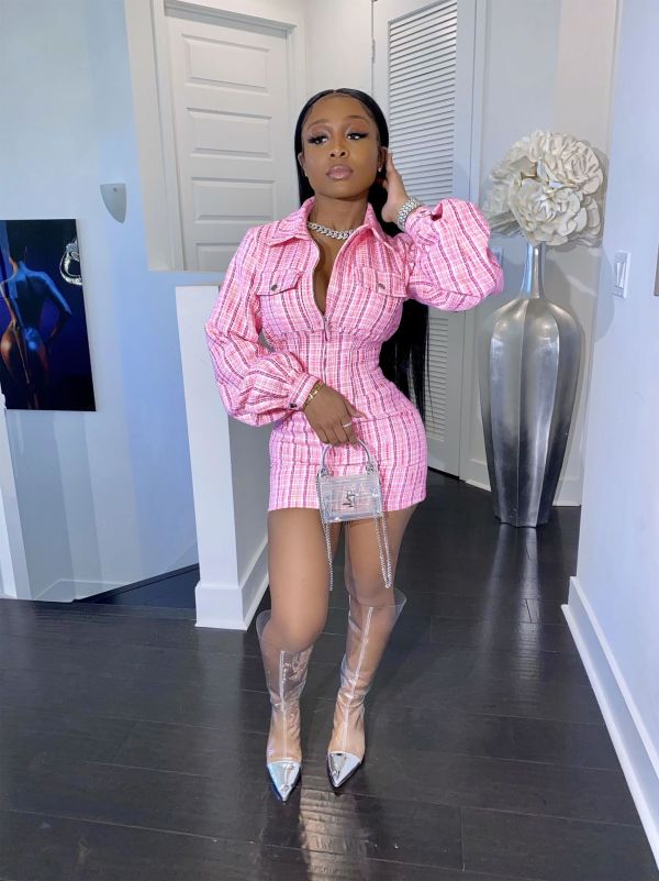 Plaid Long Sleeve Turndown Collar Zipper Mini Dress LM-8184