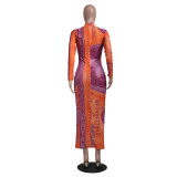 Sexy Mesh Dollar Print Long Sleeve Maxi Dresse YS-8702