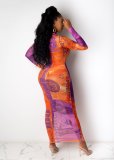 Sexy Mesh Dollar Print Long Sleeve Maxi Dresse YS-8702