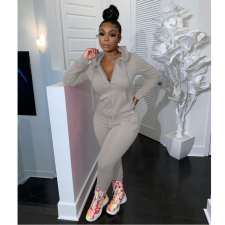 Solid Hooded Zipper Two Piece Pants Sets HM-6345