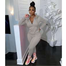 Solid Hooded Zipper Two Piece Pants Sets HM-6345