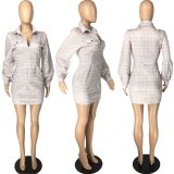 Plaid Long Sleeve Turndown Collar Zipper Mini Dress LM-8184