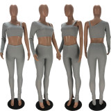 Sexy One Shoulder Long Sleeve Crop Top And Pants Two Piece Set XYF-9039