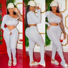 Sexy One Shoulder Long Sleeve Crop Top And Pants Two Piece Set XYF-9039