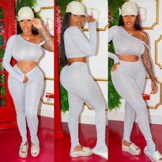 Sexy One Shoulder Long Sleeve Crop Top And Pants Two Piece Set XYF-9039